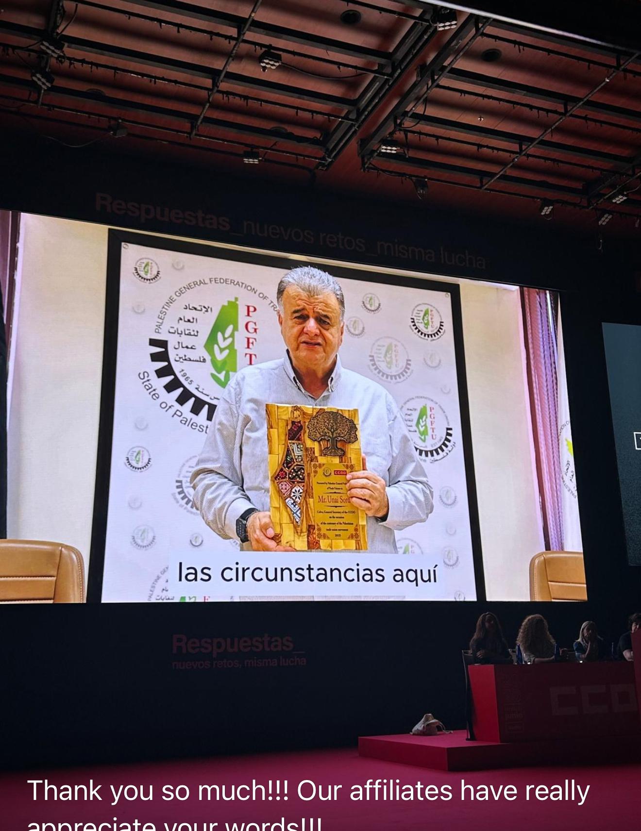 سعد لمؤتمر اتحاد نقابات عمال اسبانيا: ” استمرار الحرب والاستيطان يعمقان معاناة العمال الفلسطينيين”