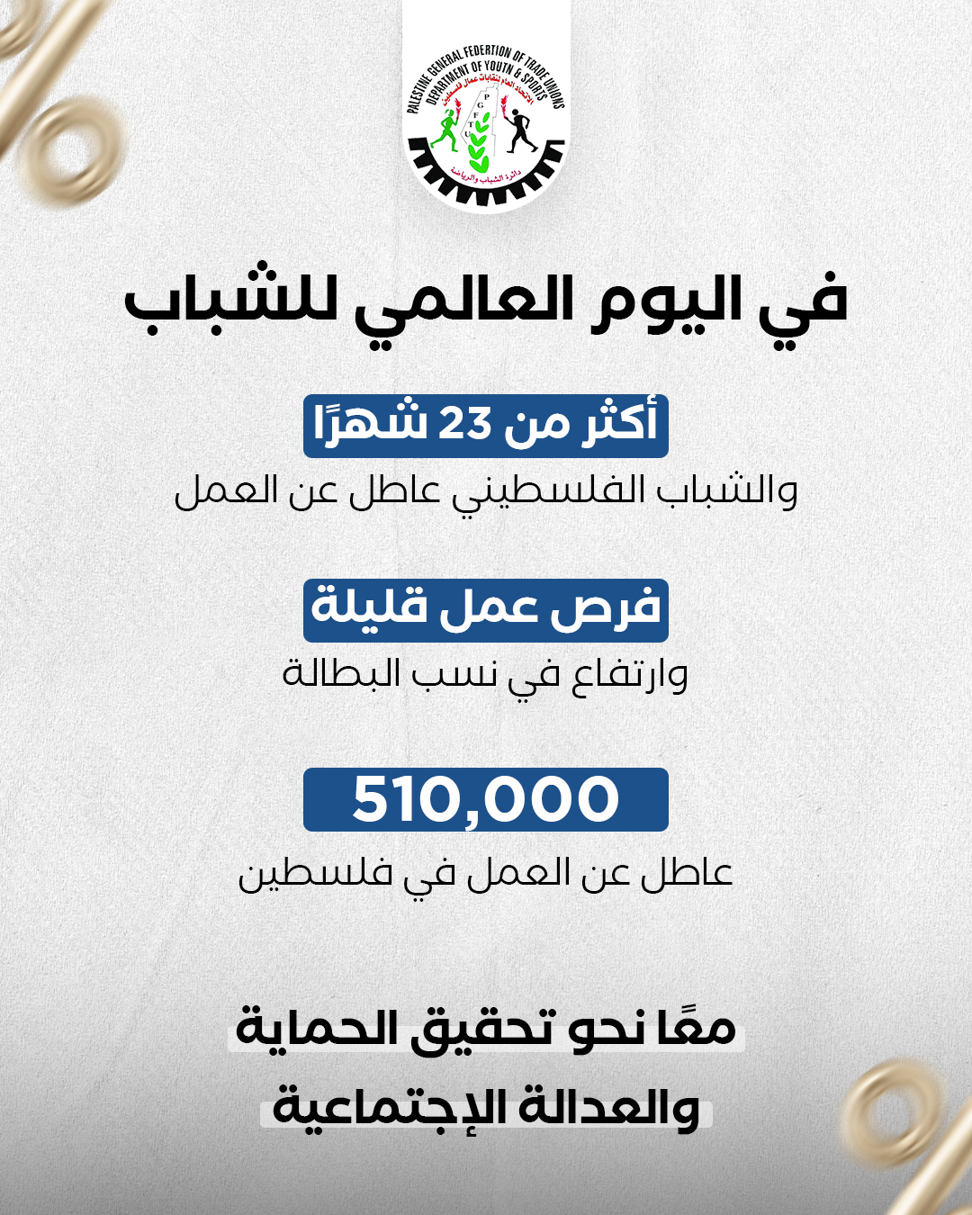 بيان صادر عن دائرة الشباب في الاتحاد العام لنقابات عمال فلسطين بمناسبة اليوم العالمي للشباب