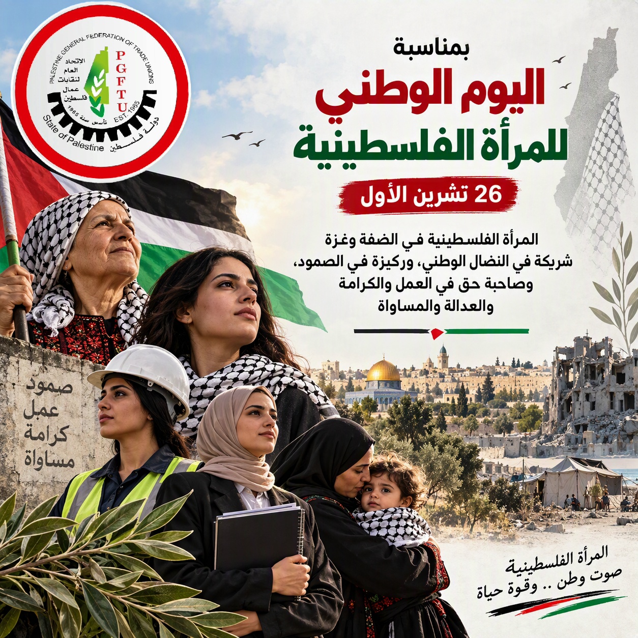 المرأة الفلسطينية شريكة في النضال الوطني، وركيزة في الصمود، وصاحبة حق في العمل والكرامة والعدالة والمساواة